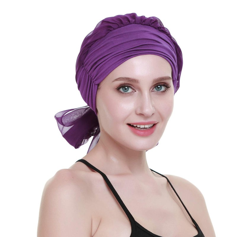 FocusCare Cancer HeadCovers for Women Pre Tied Headwrap Chemo Patient Turbans Scarves Dark Purple - Image 5